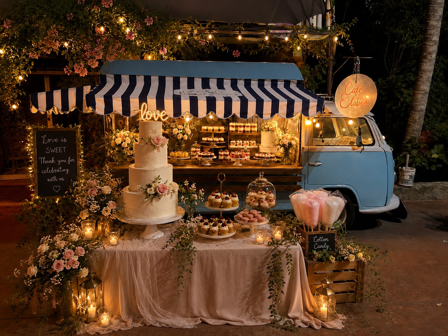 Wedding cake and dessert display beside the Costa Clásica Combi