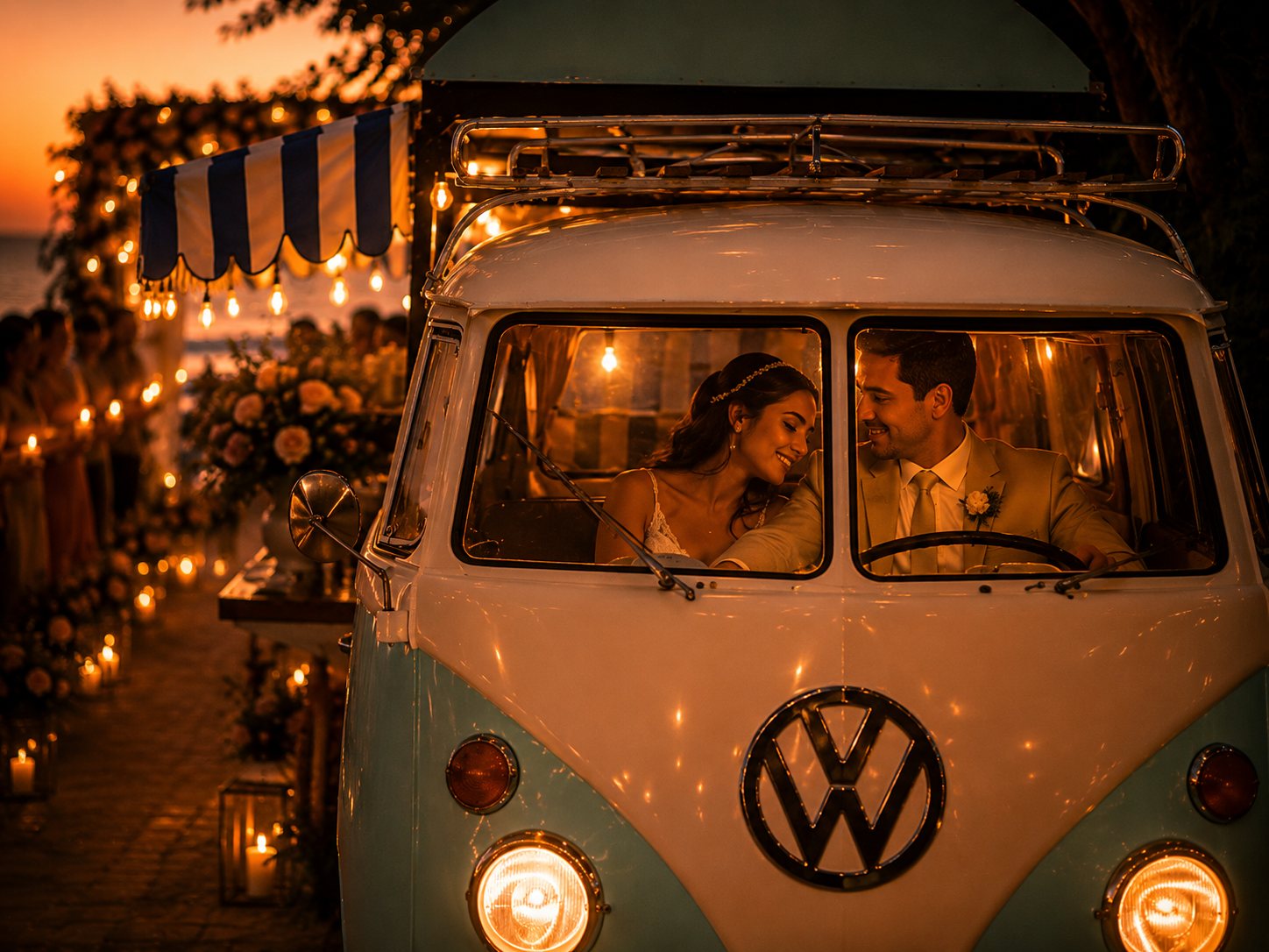 Newlyweds inside the restored Costa Clásica Volkswagen Combi